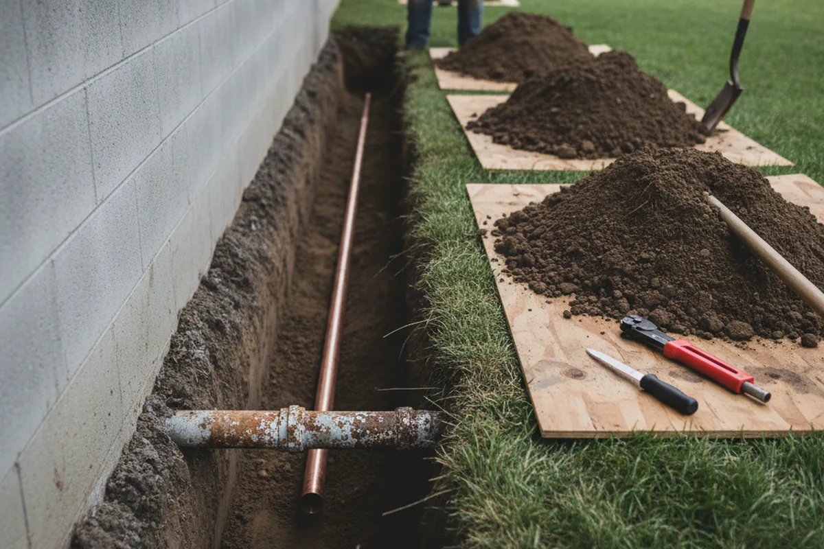 Excavated water line trench during Water Softener Installation in Arnold